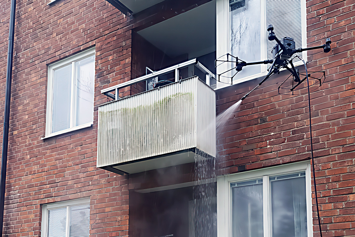 Drönare som används för att tvätta balkonger på ett bostadshus.